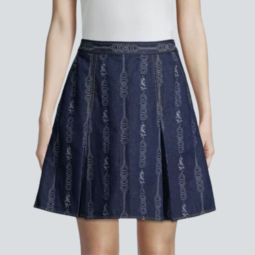 TORY BURCH Gemini Link Bloom Jacquard Denim Mini Pleated Skirt Size 6